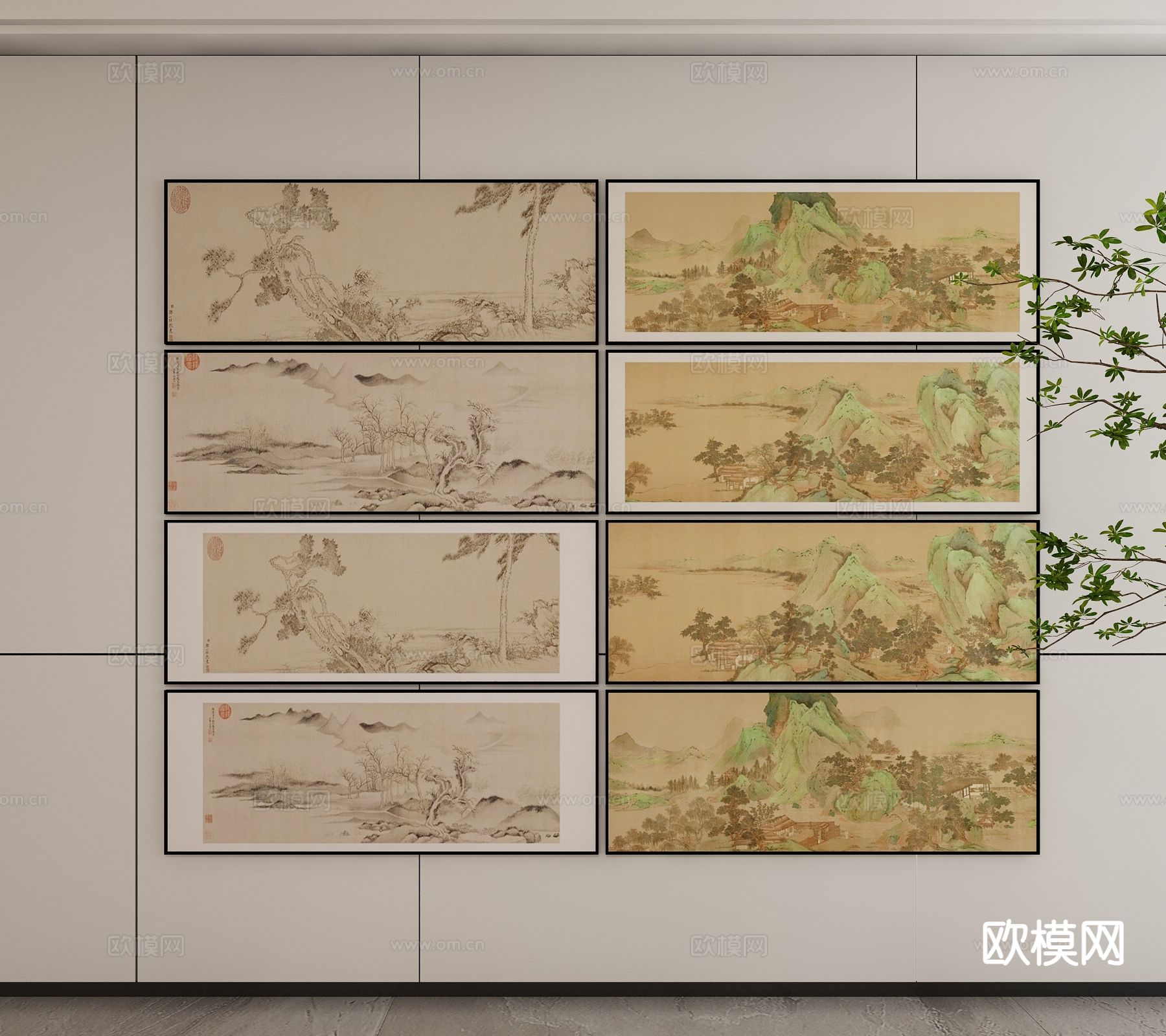 新中式水墨画 山水画 装饰画3d模型