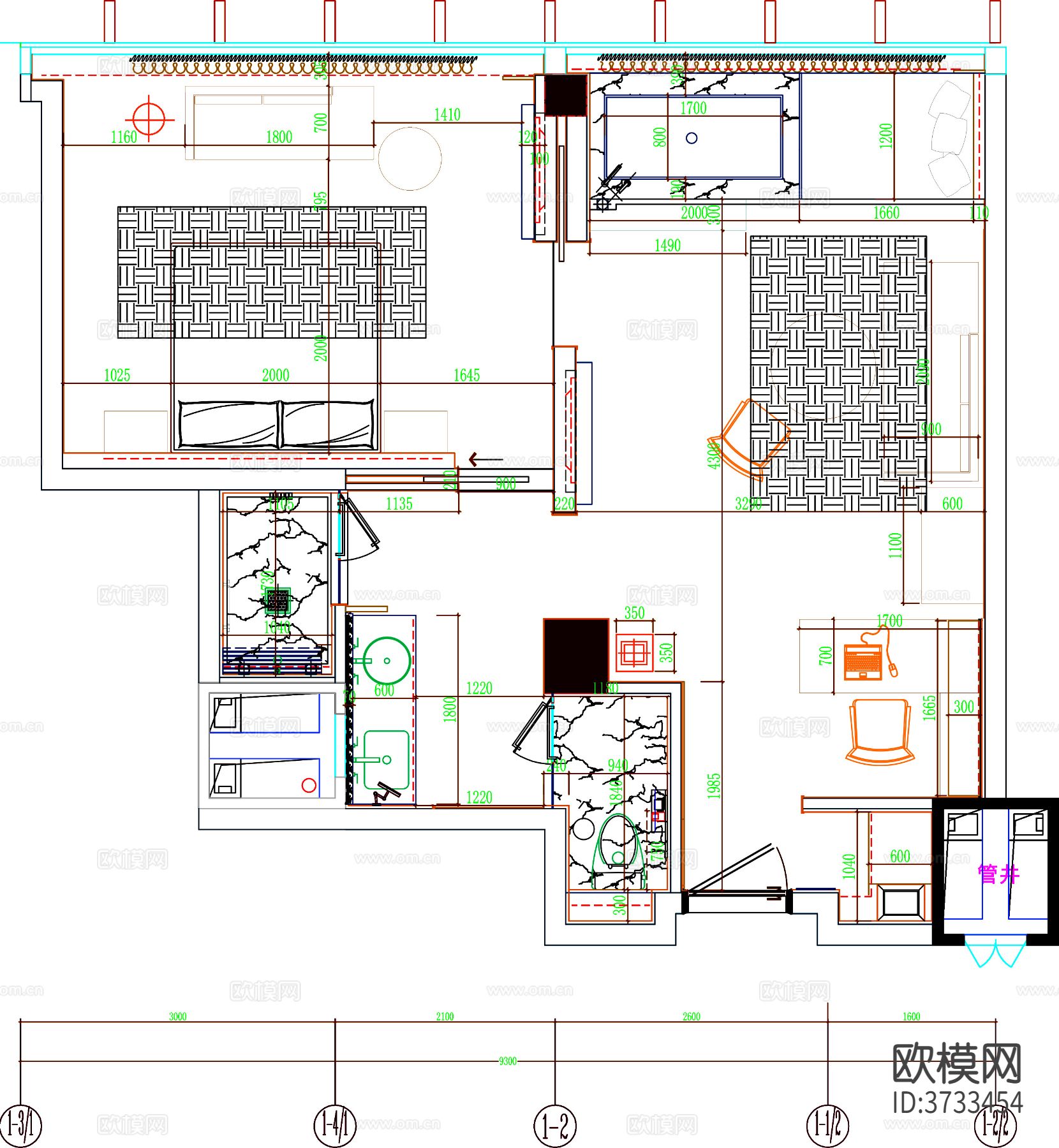 酒店客房cad平面图