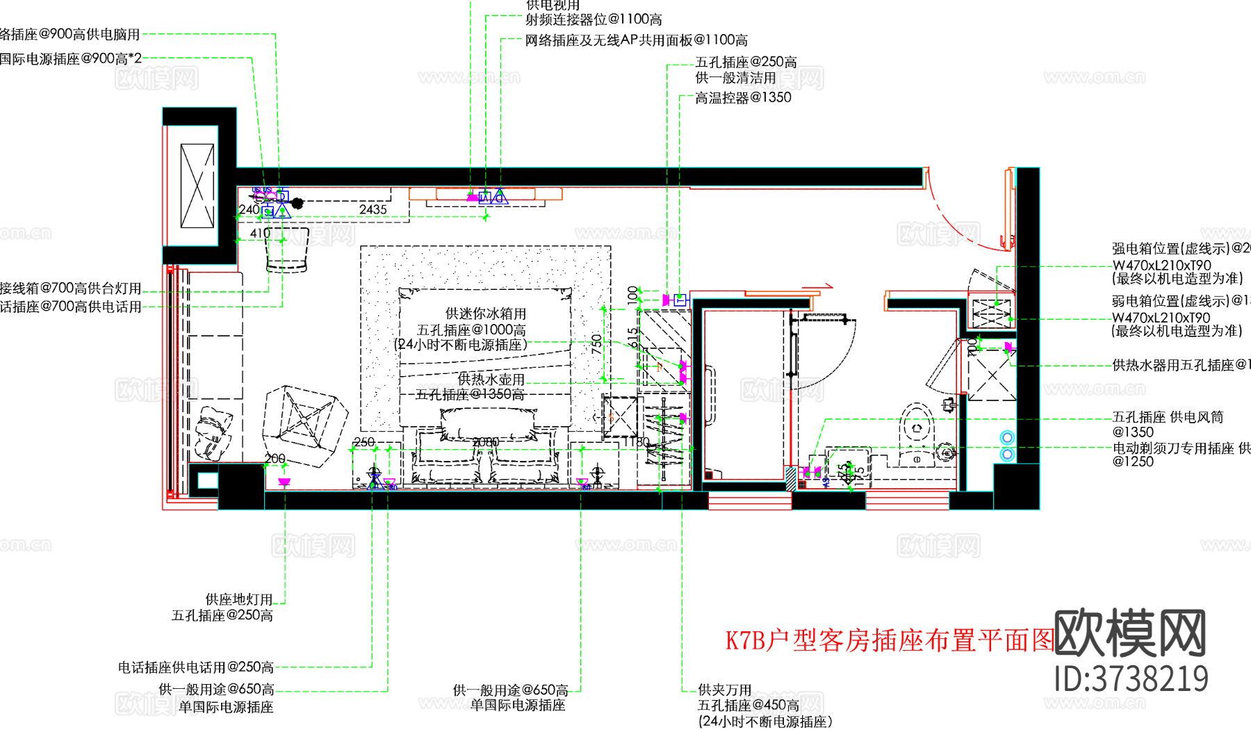 酒店客房 酒店房间 客房平面图 房间平面布局 客房平面布置cad平面图下载（渲染图5）