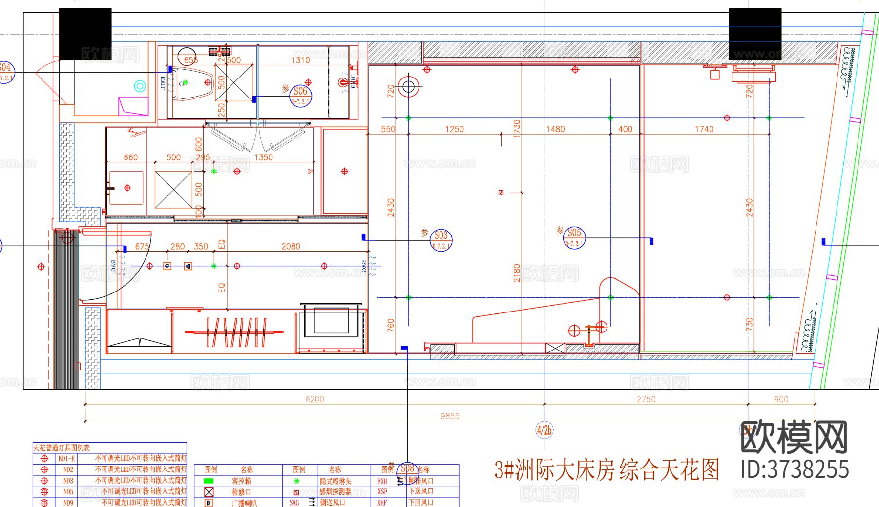 酒店客房 酒店房间 客房CAD平面图下载（渲染图3）