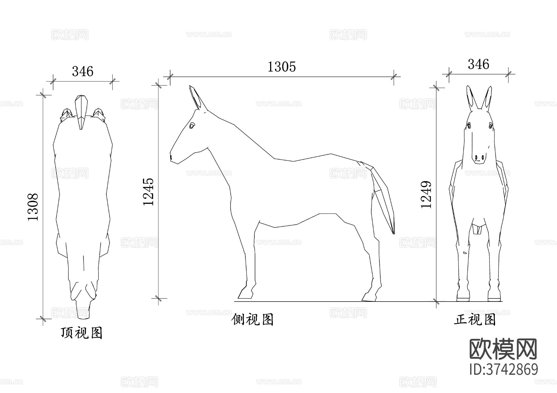 驴 动物CAD三视图