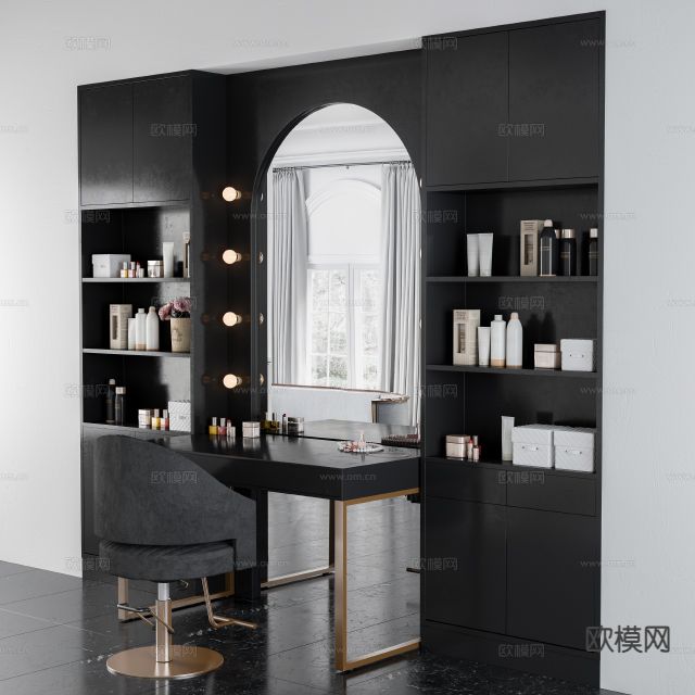 暗黑风梳妆台 化妆桌3d模型下载（渲染图2）