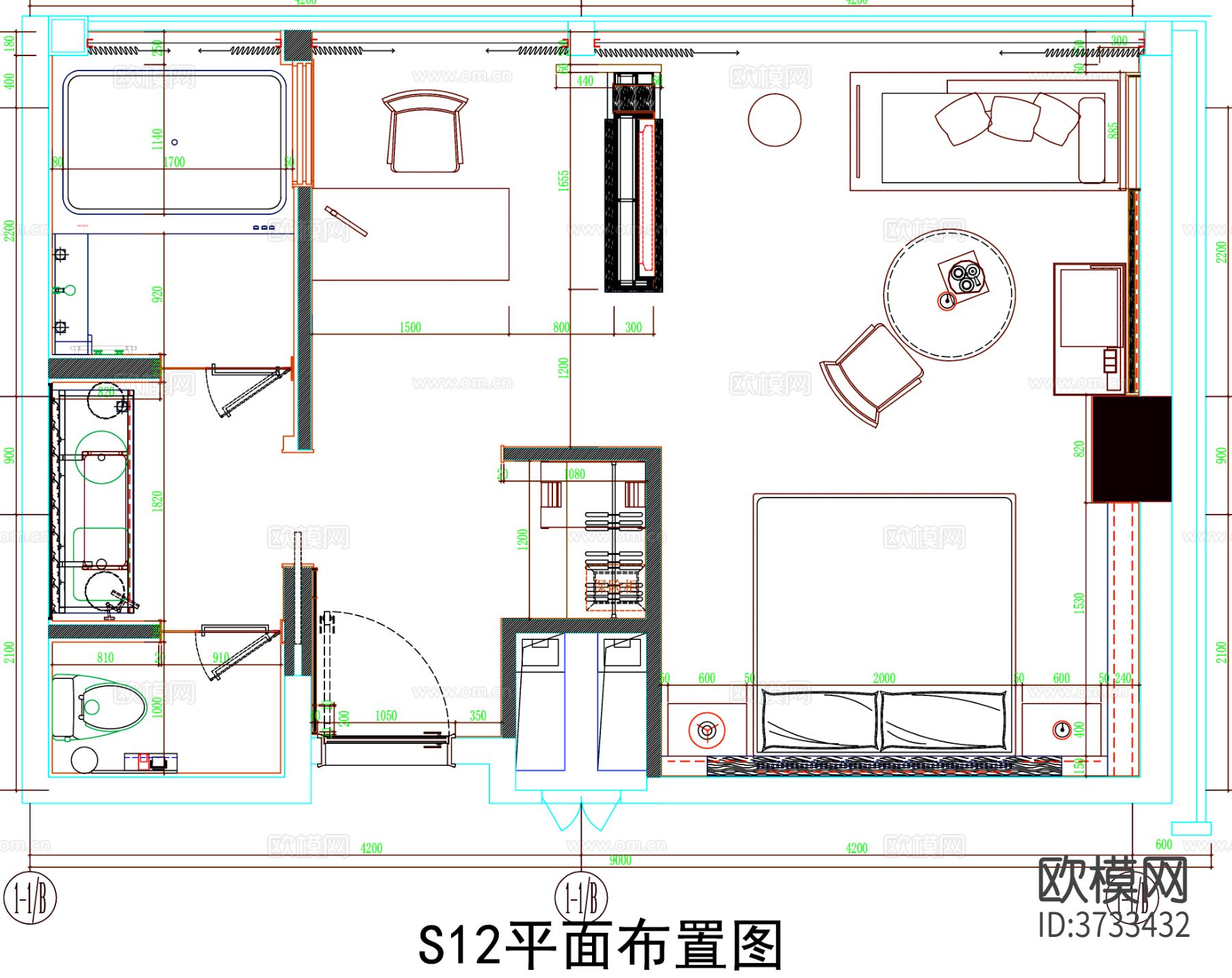 酒店客房cad平面图