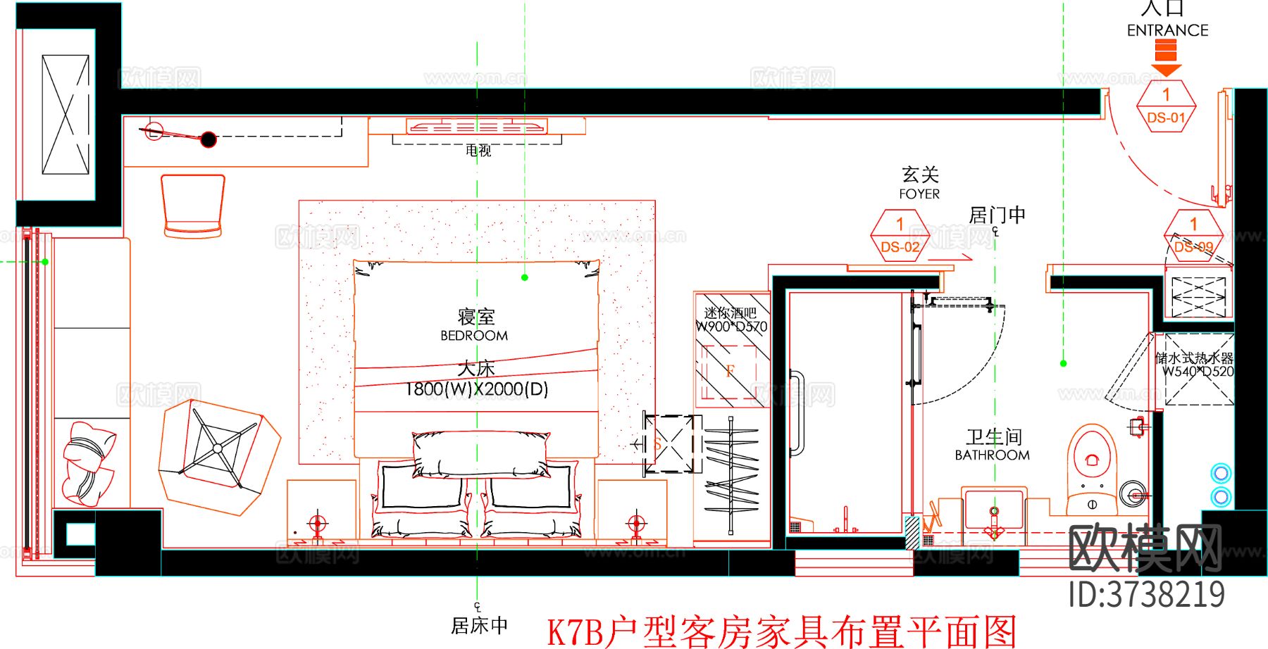 酒店客房 酒店房间 客房平面图 房间平面布局 客房平面布置cad平面图下载（渲染图1）
