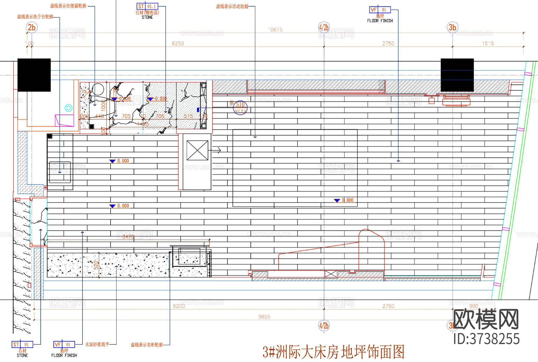 酒店客房 酒店房间 客房CAD平面图下载（渲染图2）