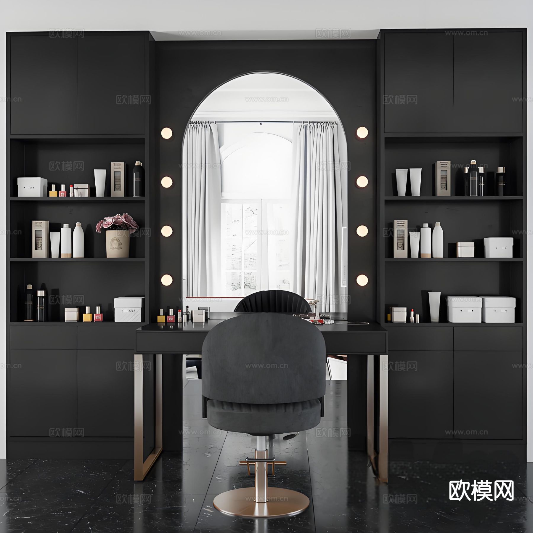暗黑风梳妆台 化妆桌3d模型下载（渲染图1）