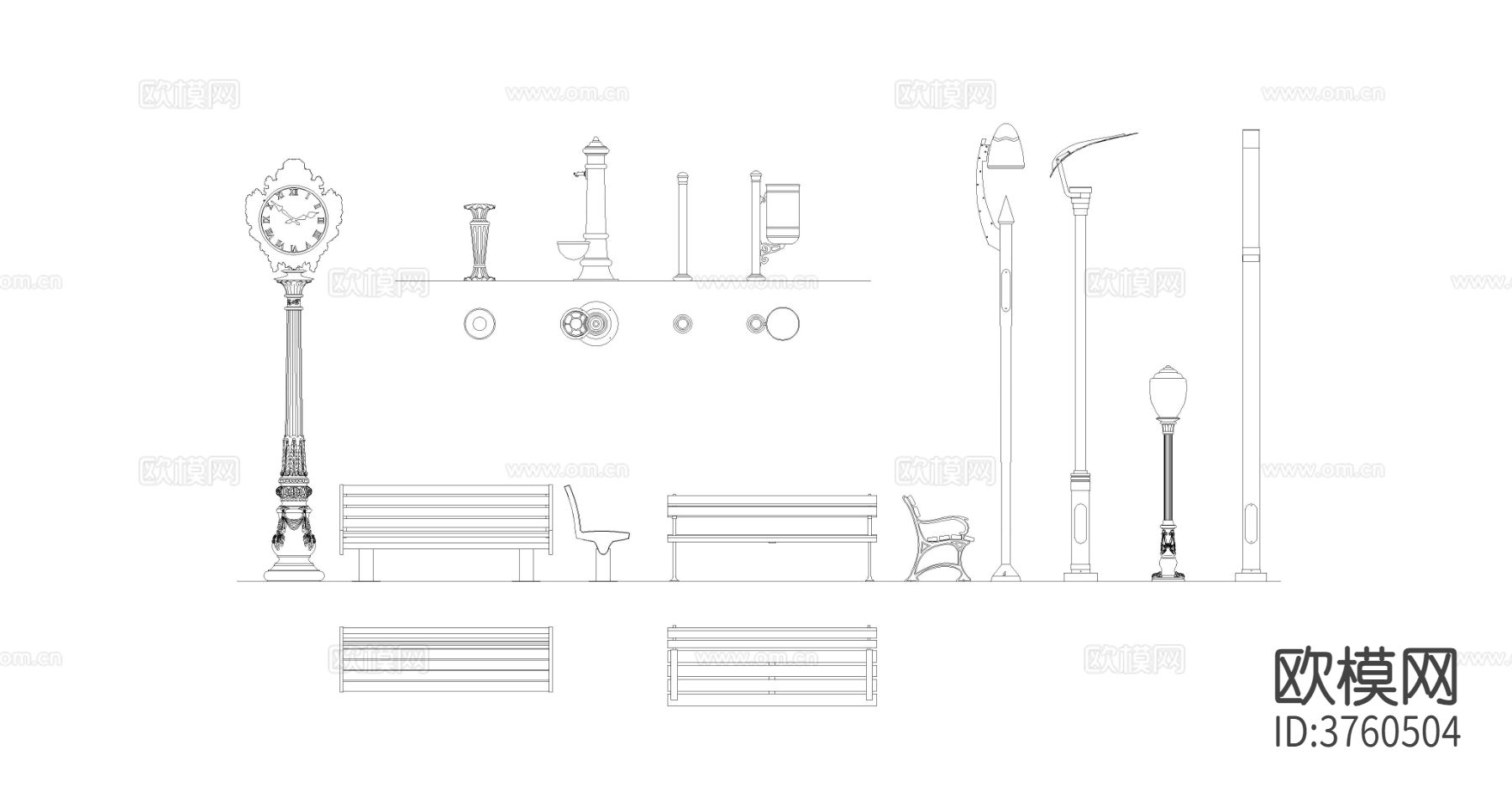 户外长椅路灯cad图库