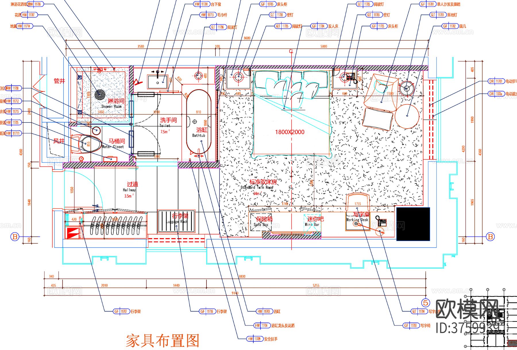 客房cad平面布置图