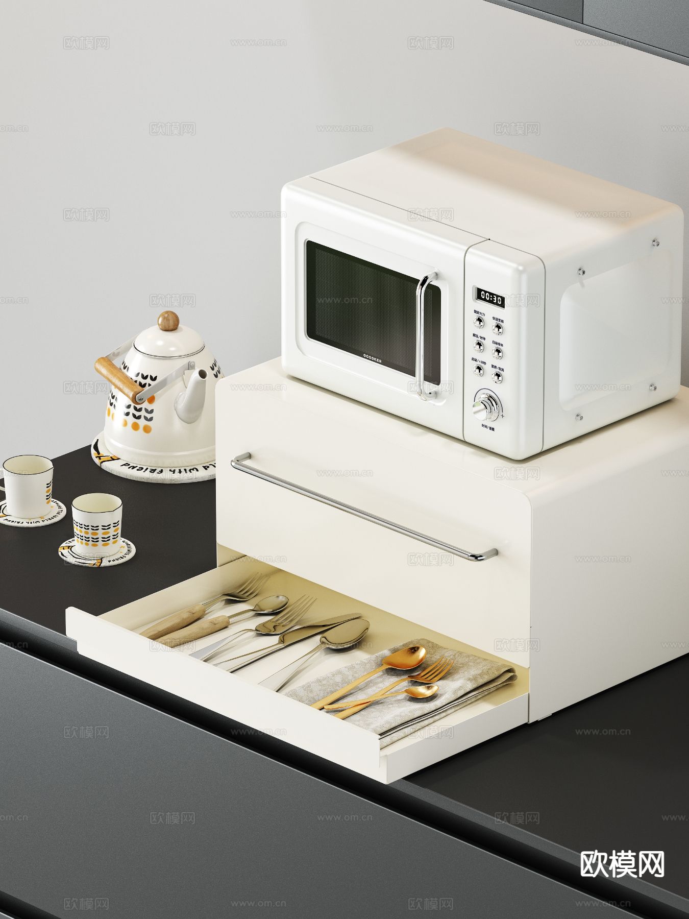 水杯 水壶 微波炉 厨房置物架3d模型下载