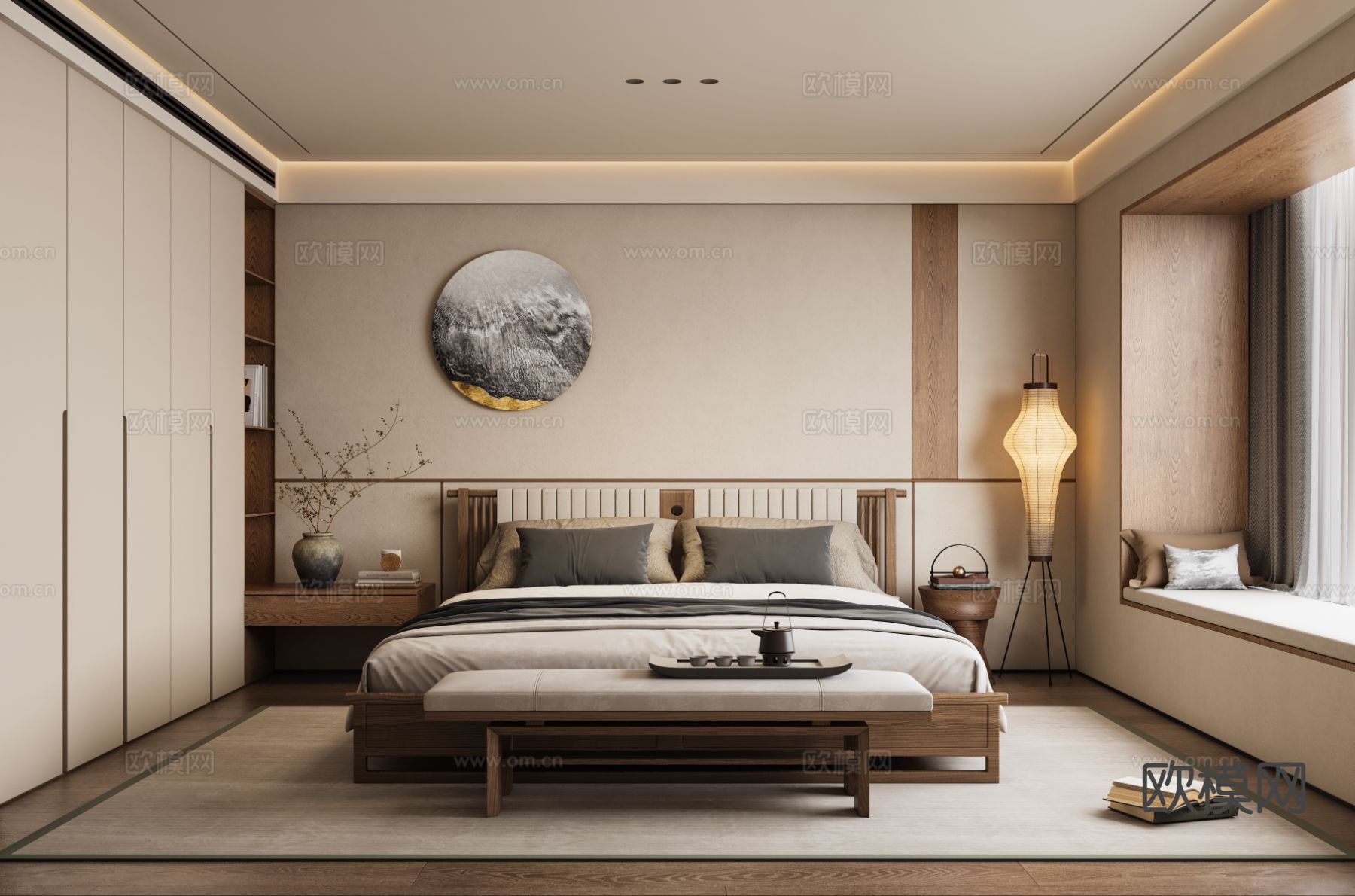 新中式卧室 主卧 禅意卧室3d模型下载（渲染图1）