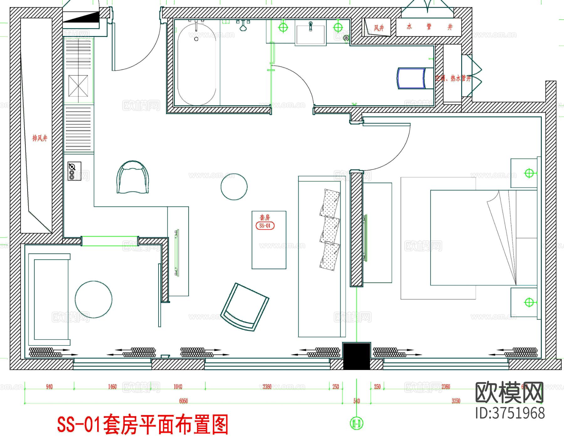 酒店客房 酒店房间 客房平面图 房间平面布局 客房cad平面图下载（渲染图2）
