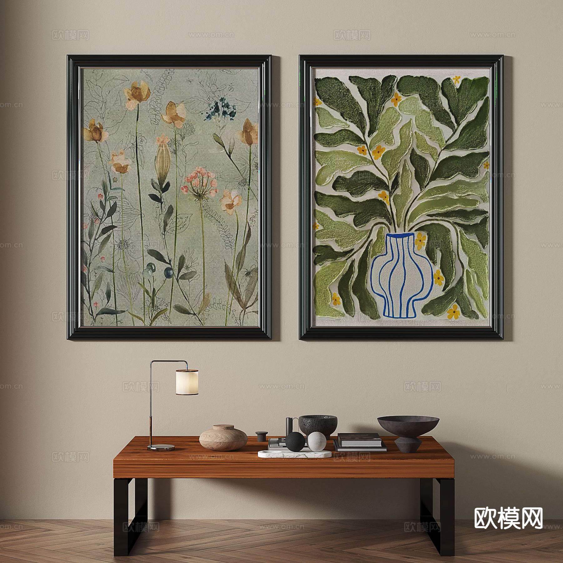 中古风艺术画 花卉画 装饰画3d模型