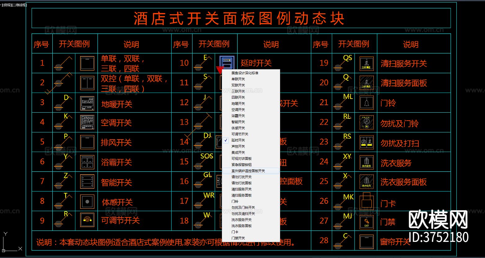 开关面板图例动态块cad图库