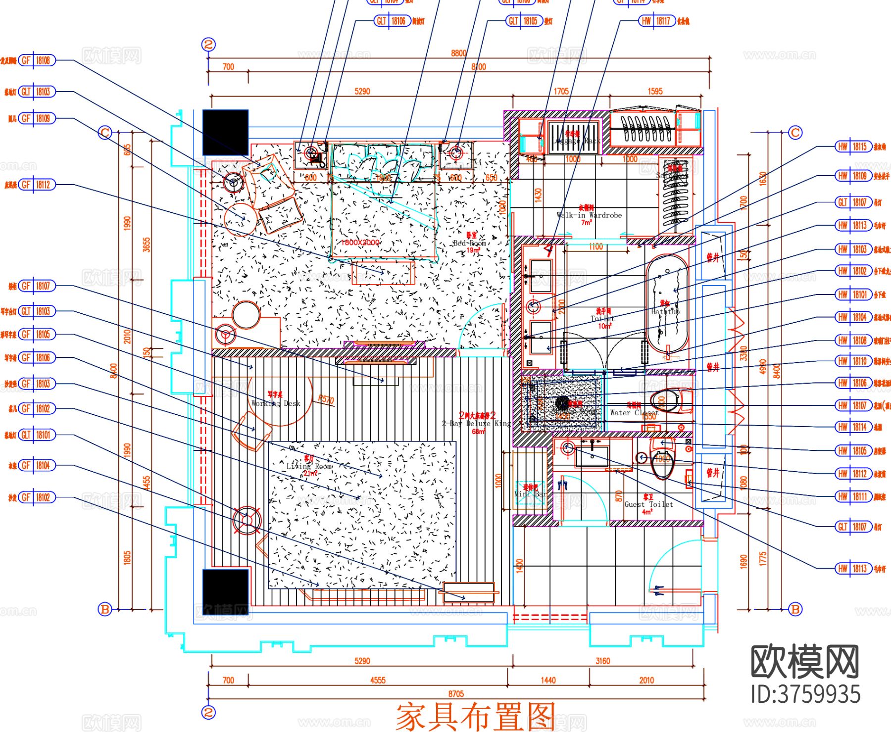 客房cad平面布置图