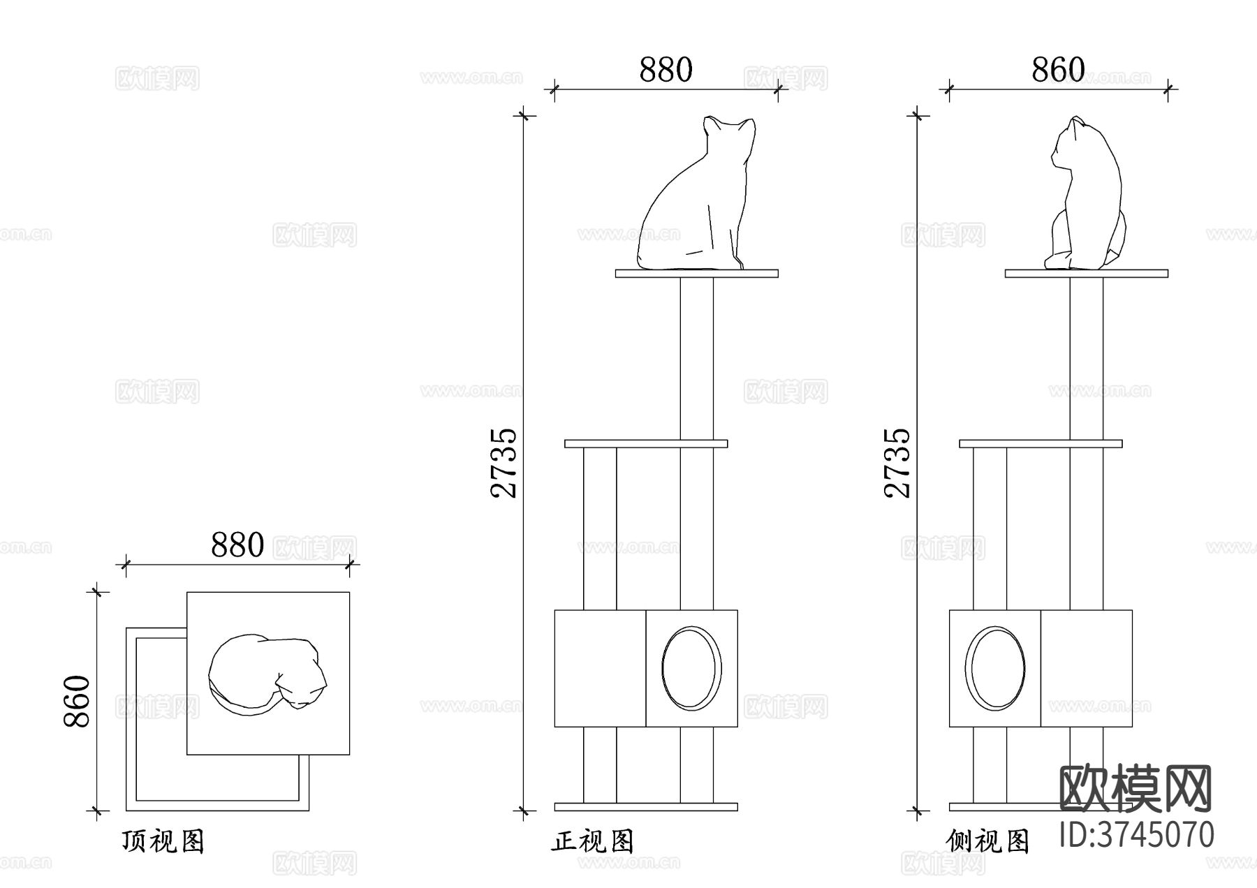 猫爬架CAD三视图