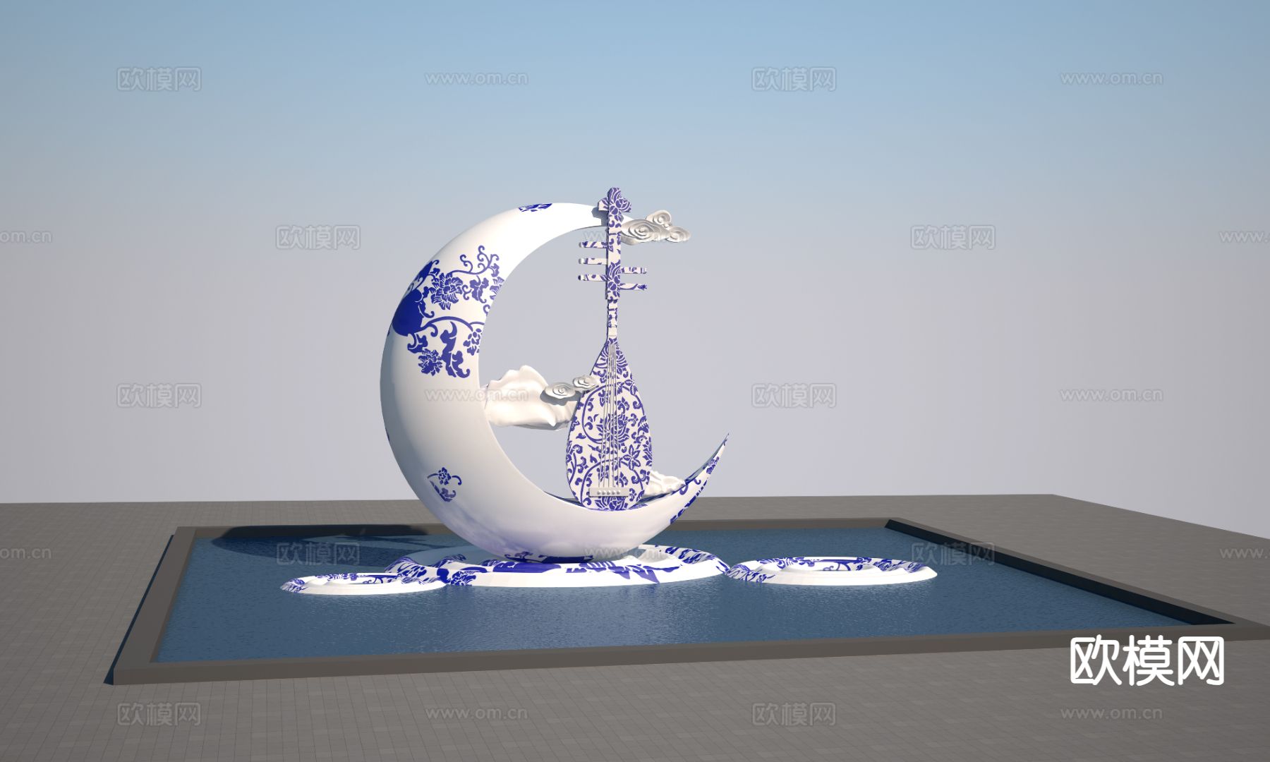 青花瓷月亮雕塑3d模型