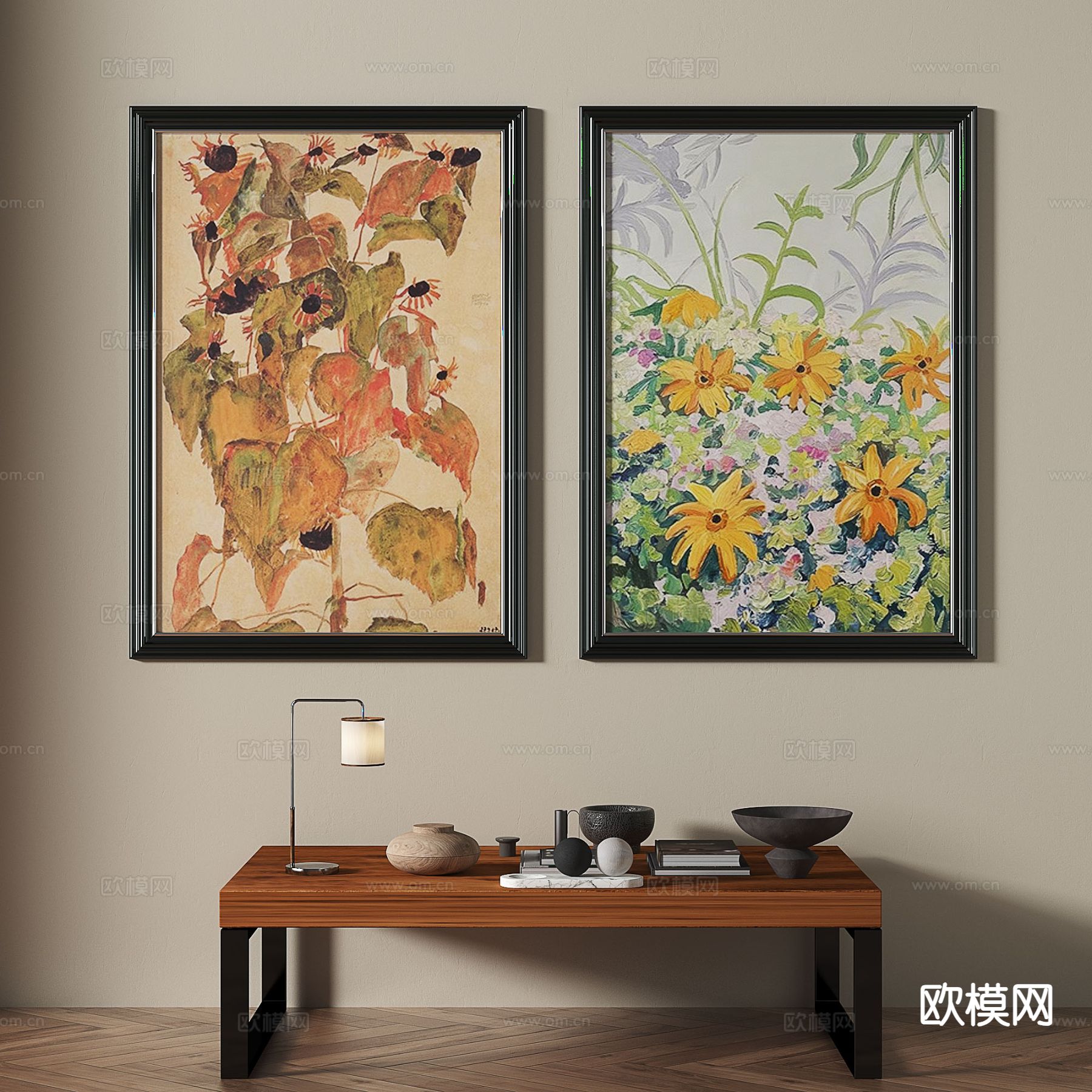 中古风艺术画 花卉画 装饰画3d模型