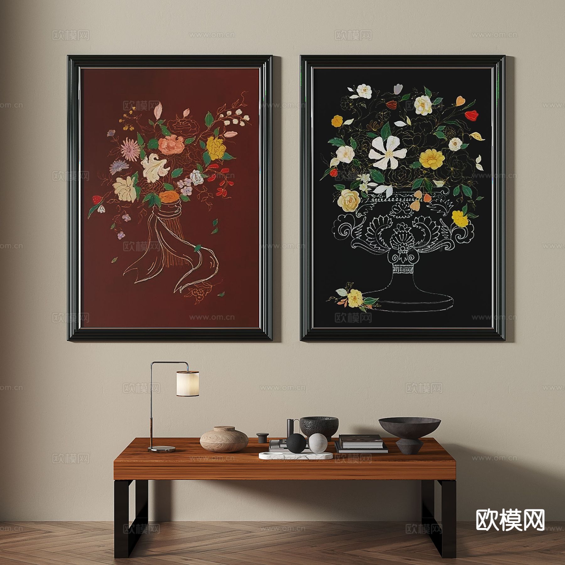 中古风艺术画 花卉画 装饰画3d模型