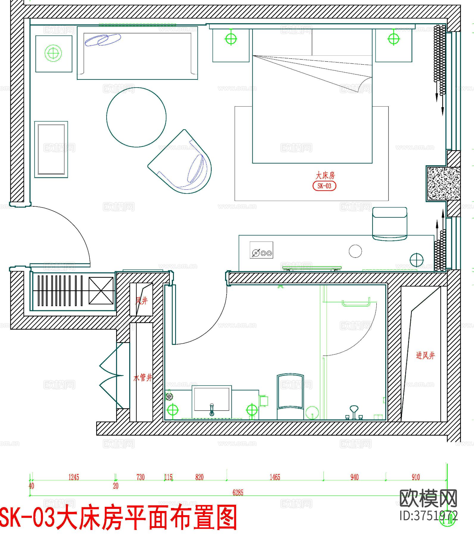 酒店客房 酒店房间 客房平面图 房间平面布局 客房cad平面图下载（渲染图1）