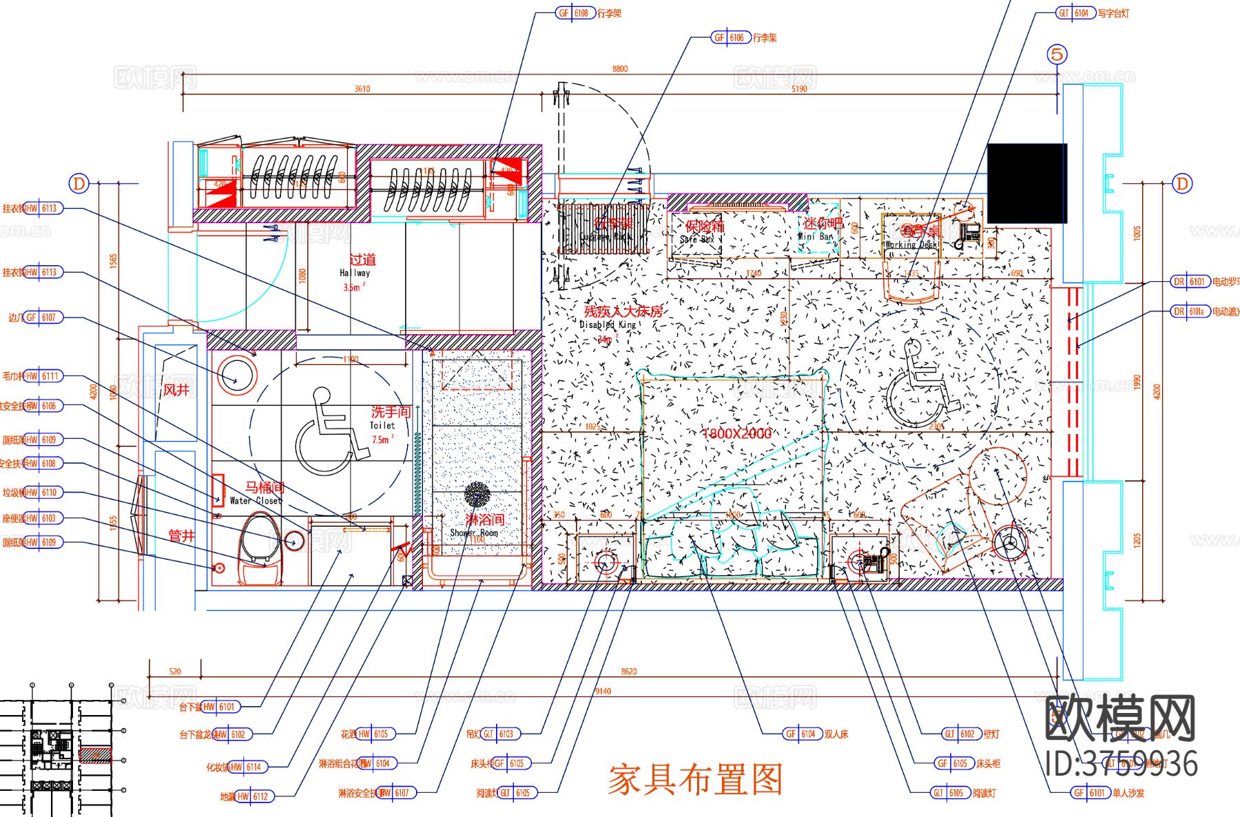 客房cad平面布置图