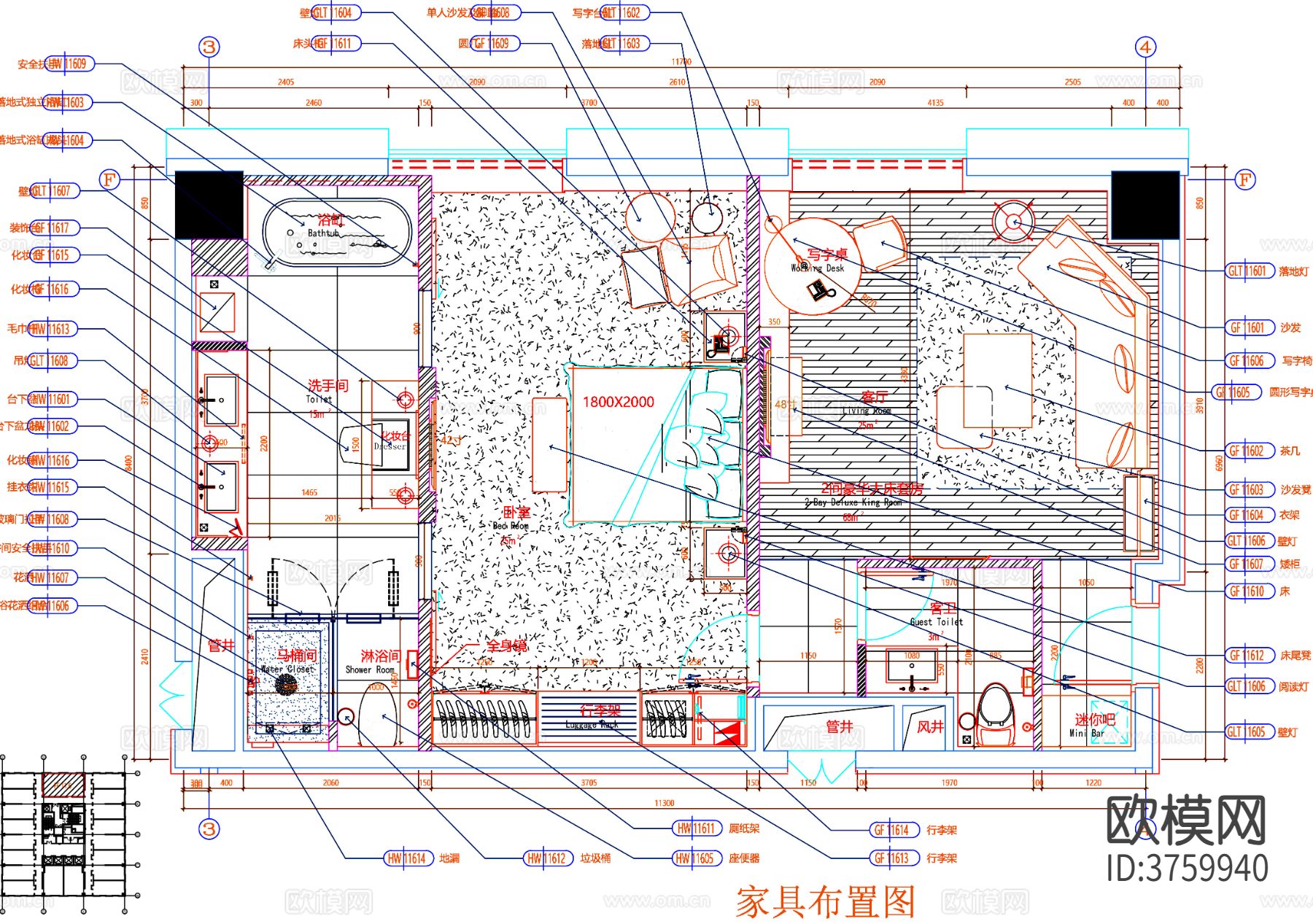 客房cad平面布置图