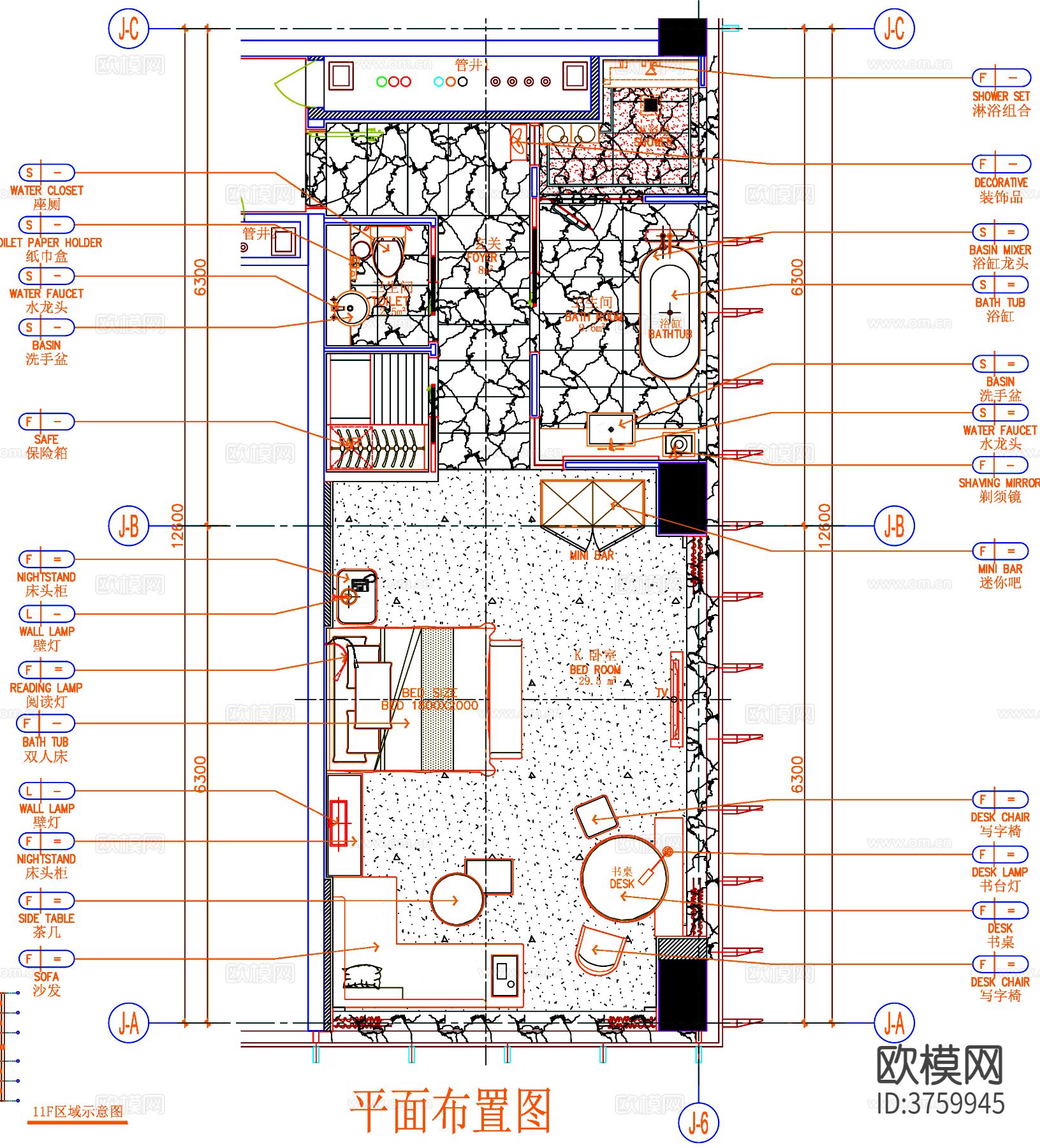 酒店客房cad平面图