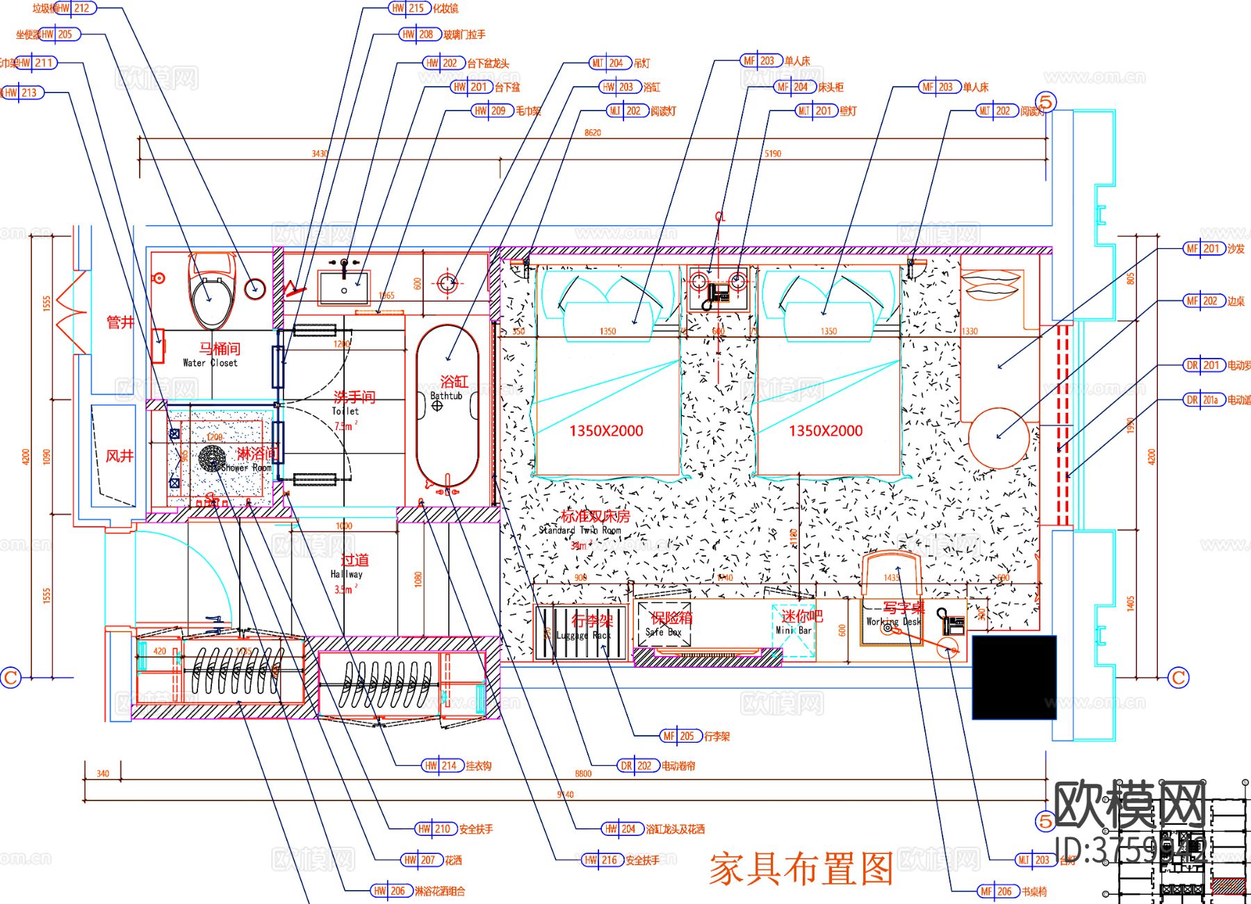 客房cad平面布置图