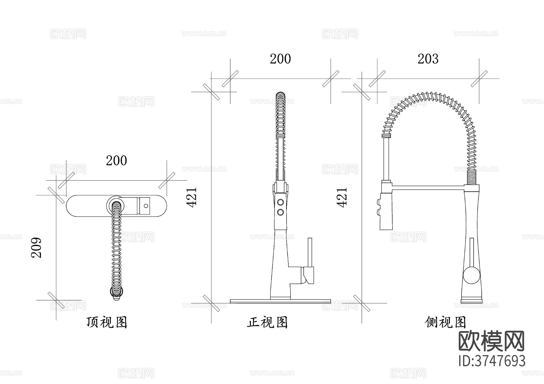 现代水龙头cad三视图