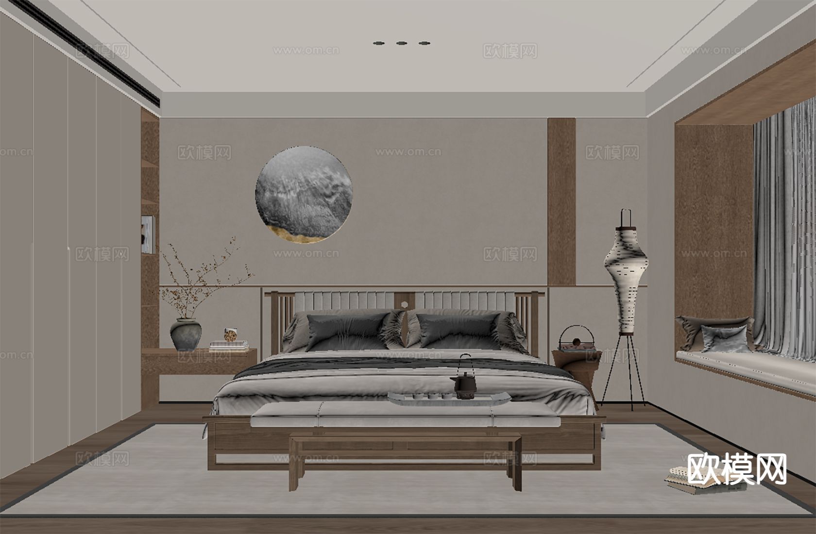 新中式卧室 主卧 禅意卧室3d模型下载（渲染图2）