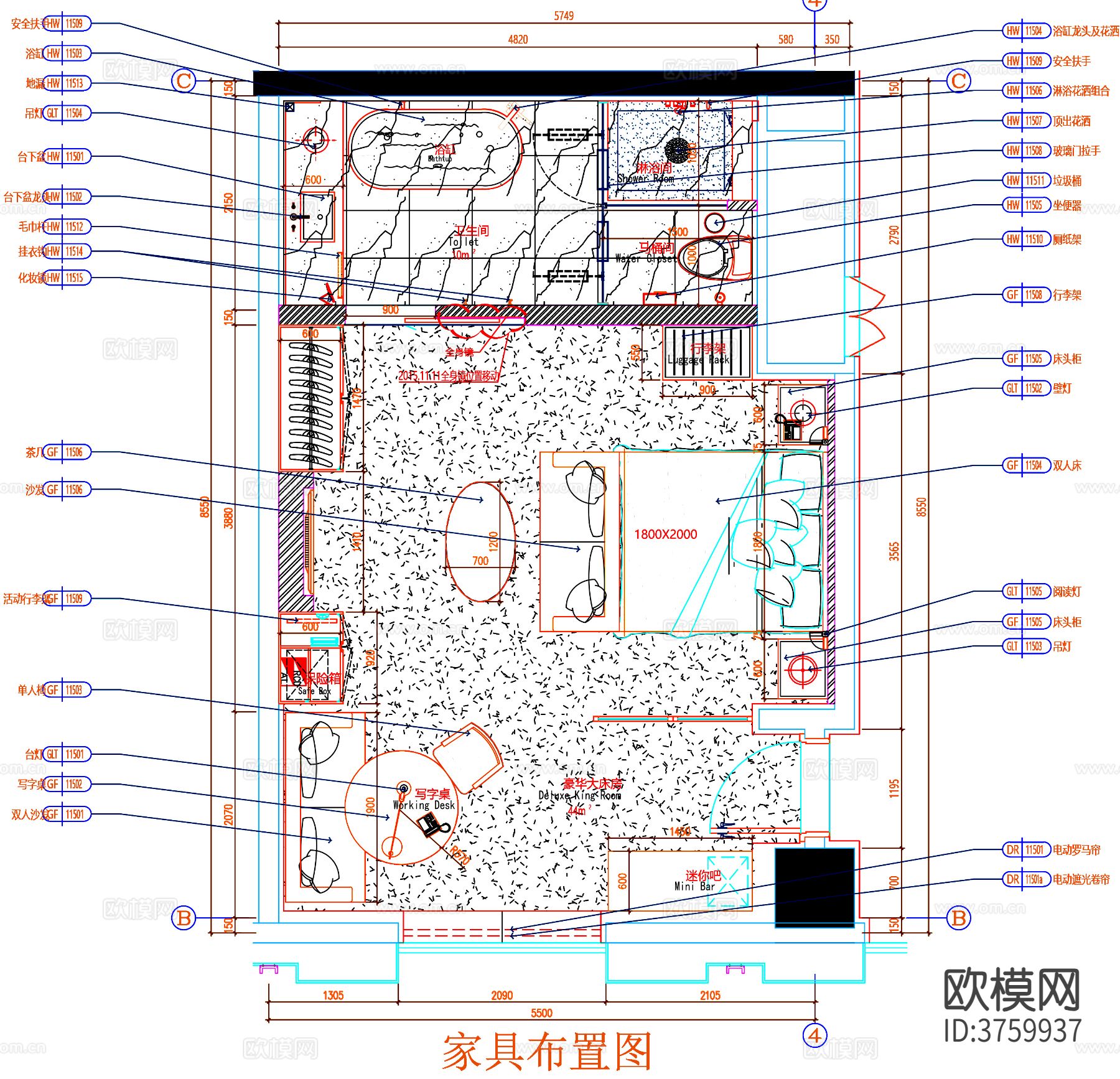 客房cad平面布置图