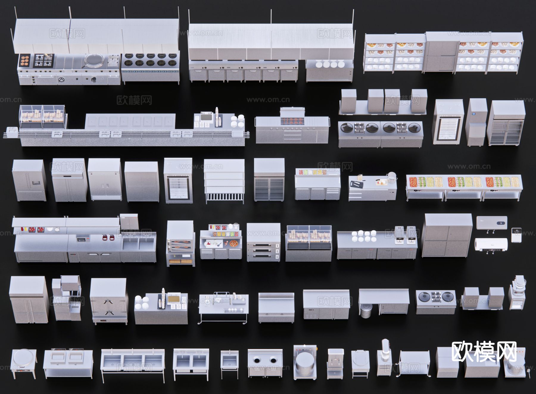 后厨设备 食堂后厨 消毒柜 烧烤架 厨房操作台3d模型