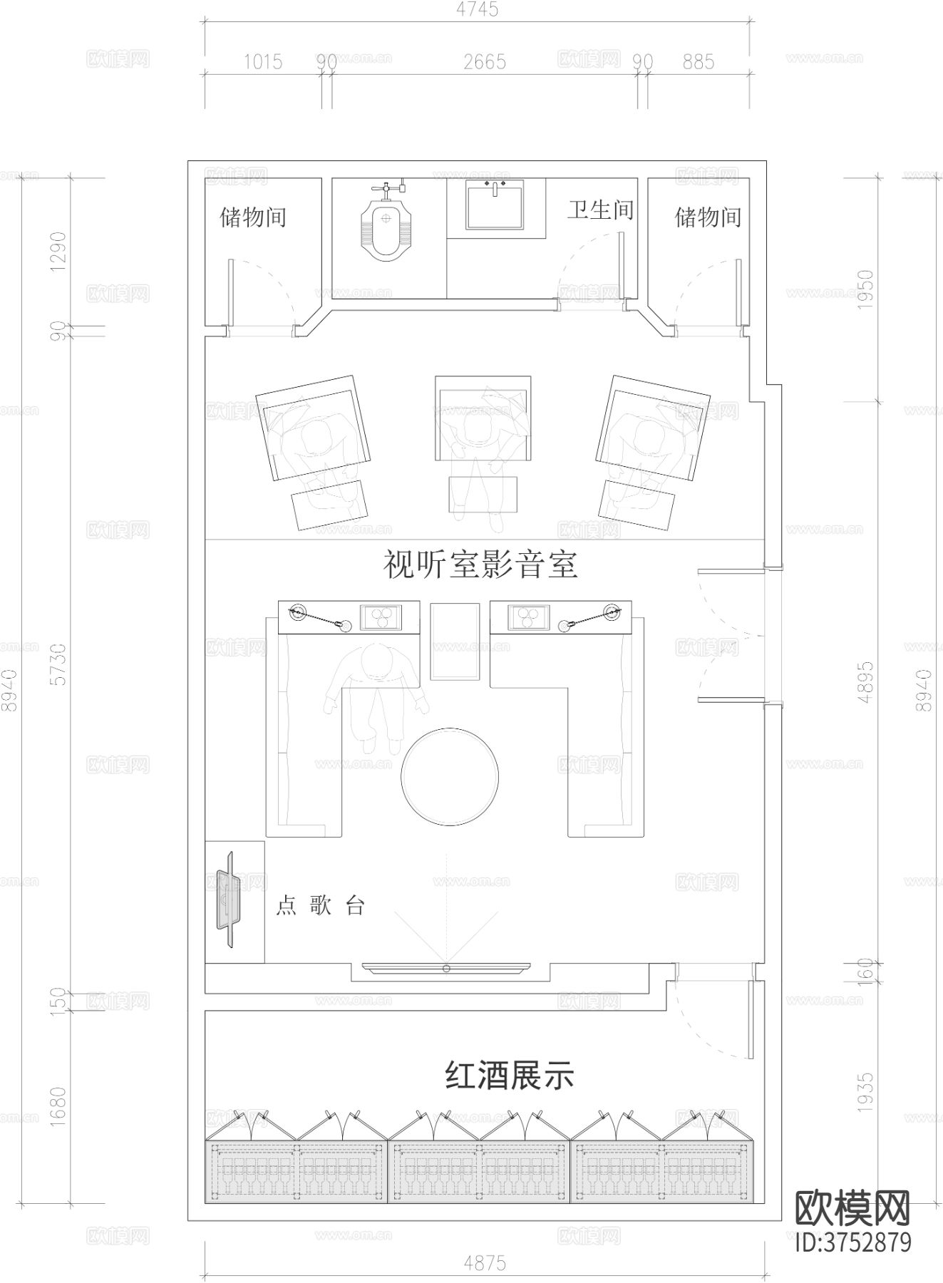 地下室别墅影音室cad平面图