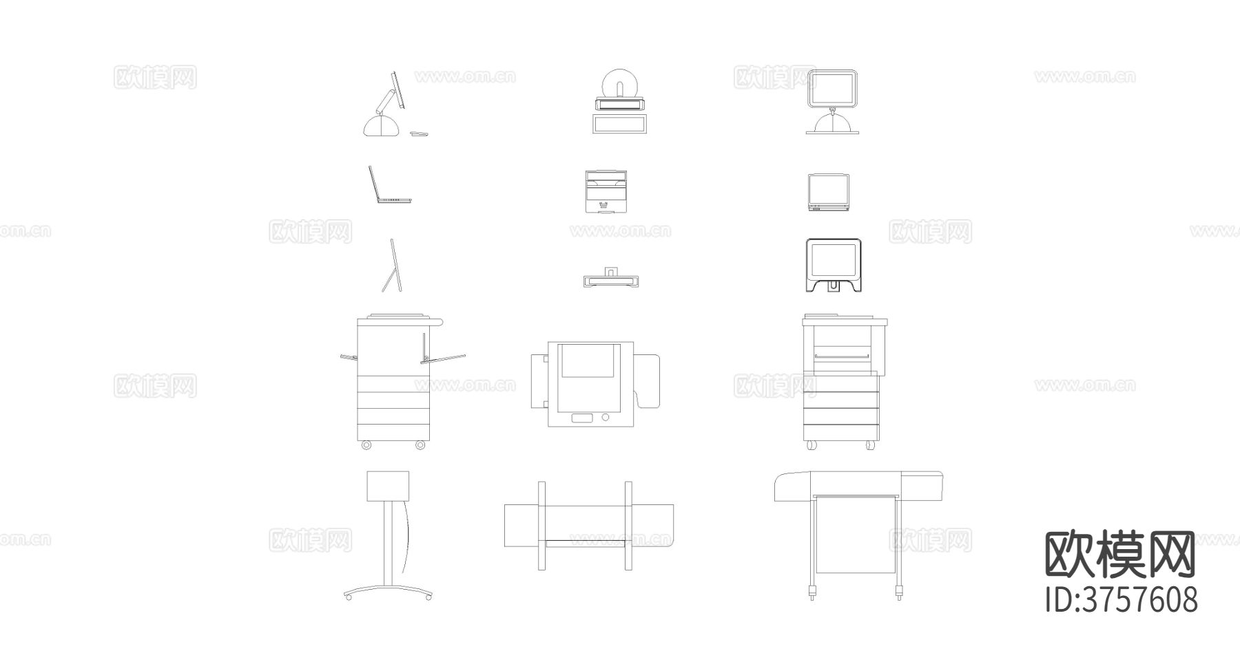 办公设备 打印机 笔记本 传真机CAD图块