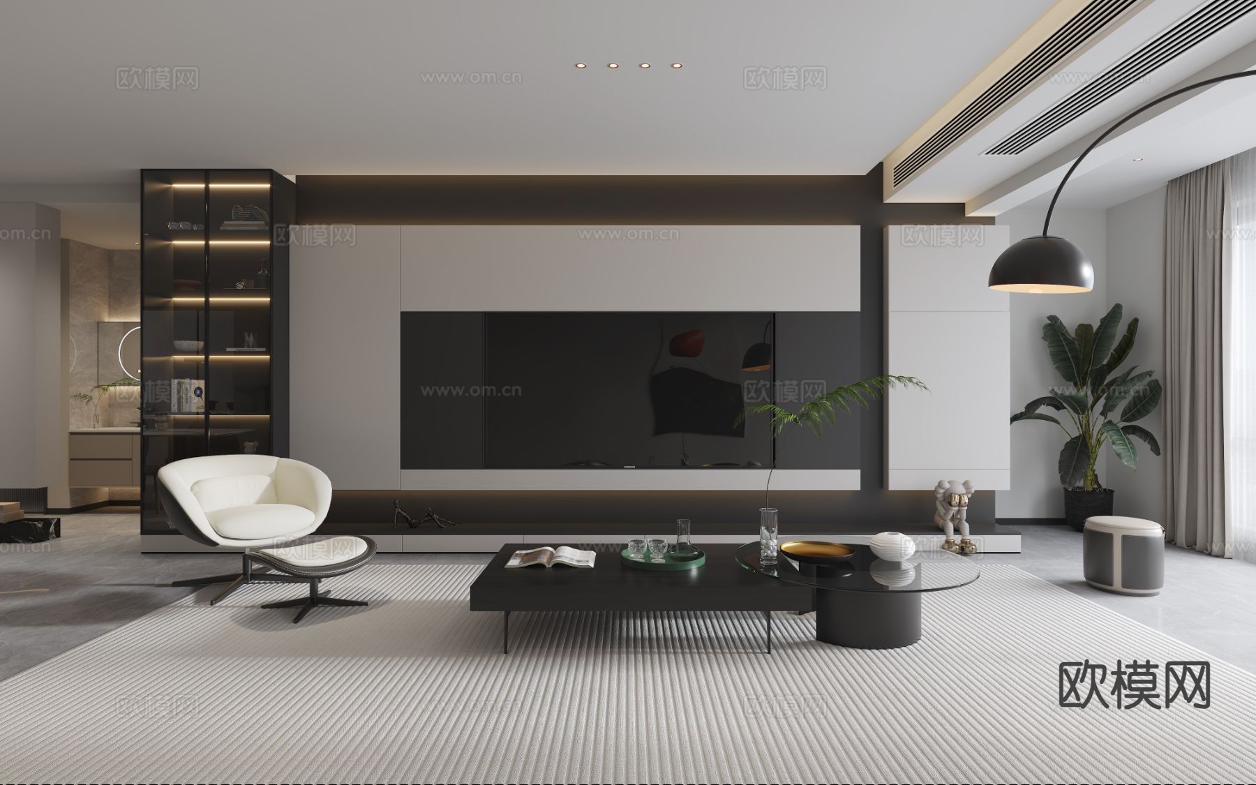黑白灰客餐厅3d模型下载（渲染图2）