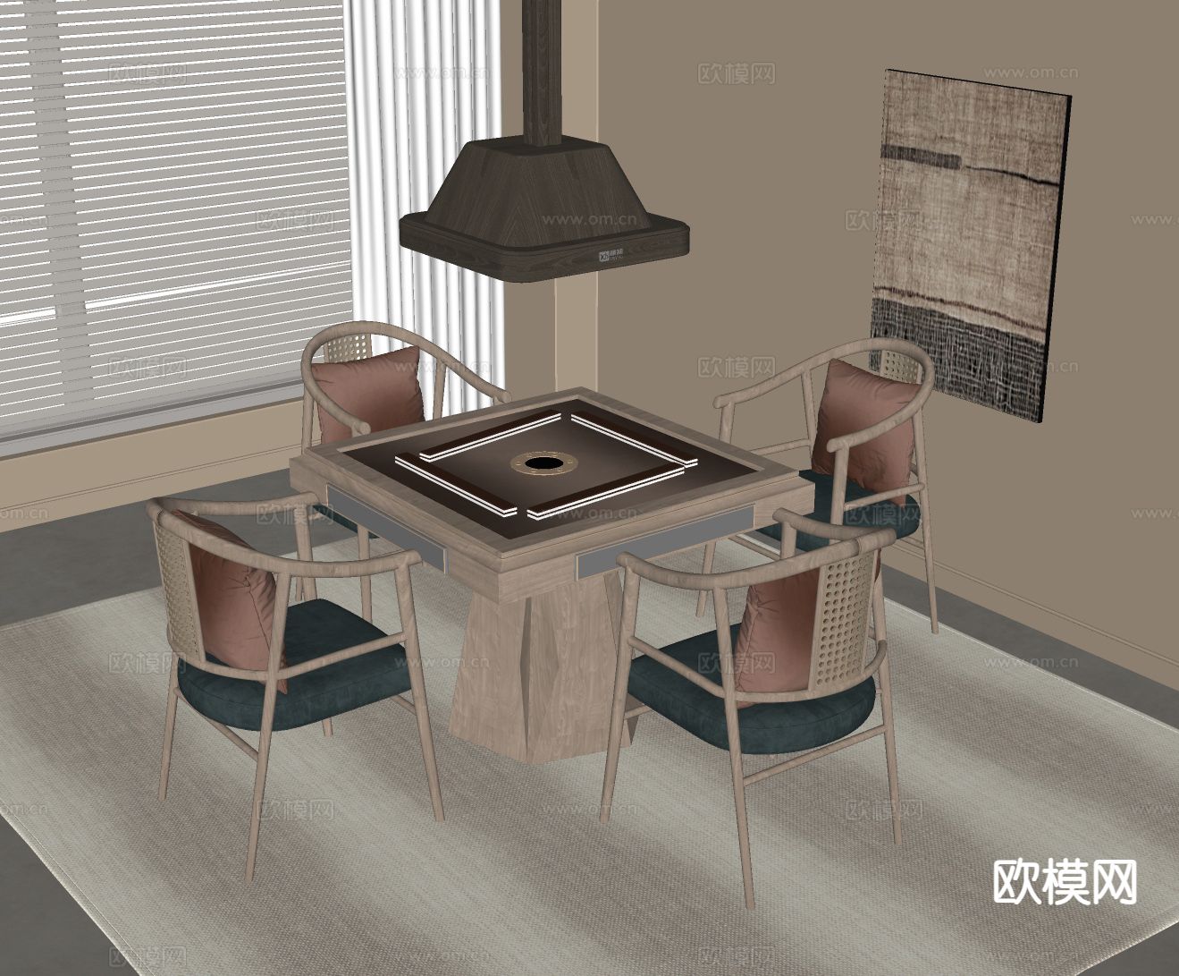 新中式麻将桌椅su模型下载（渲染图1）
