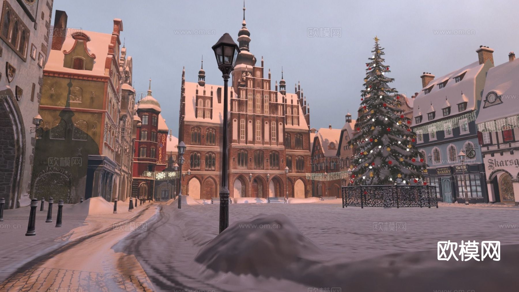 欧式城镇广场 圣诞雪景3d模型下载（渲染图2）