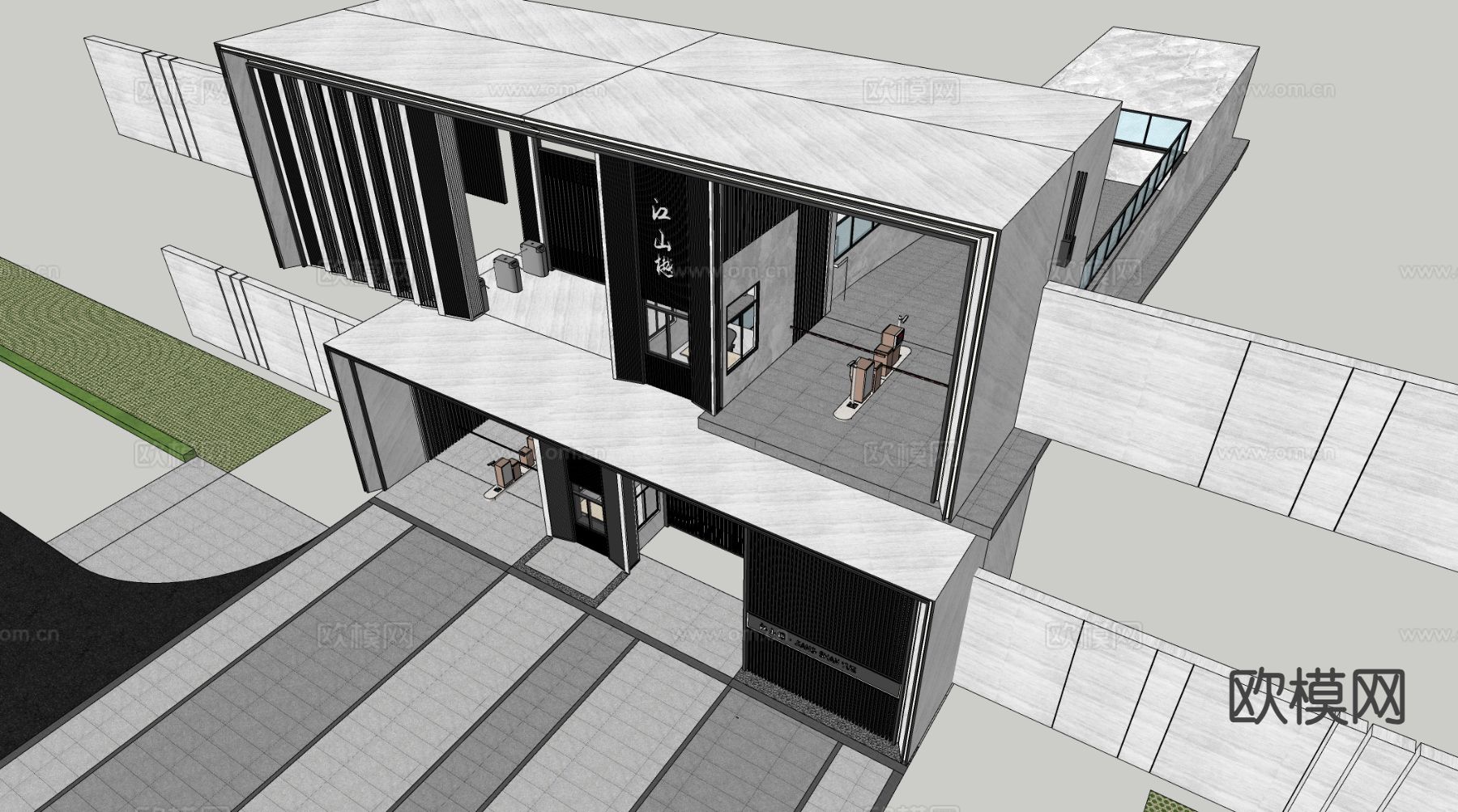 新中式入口大门 小区入口大门su模型