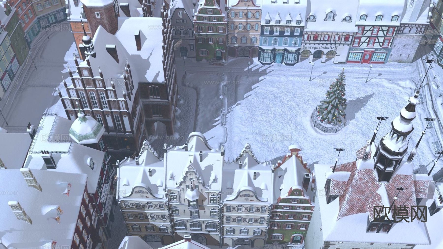 欧式城镇广场 圣诞雪景3d模型下载（渲染图3）