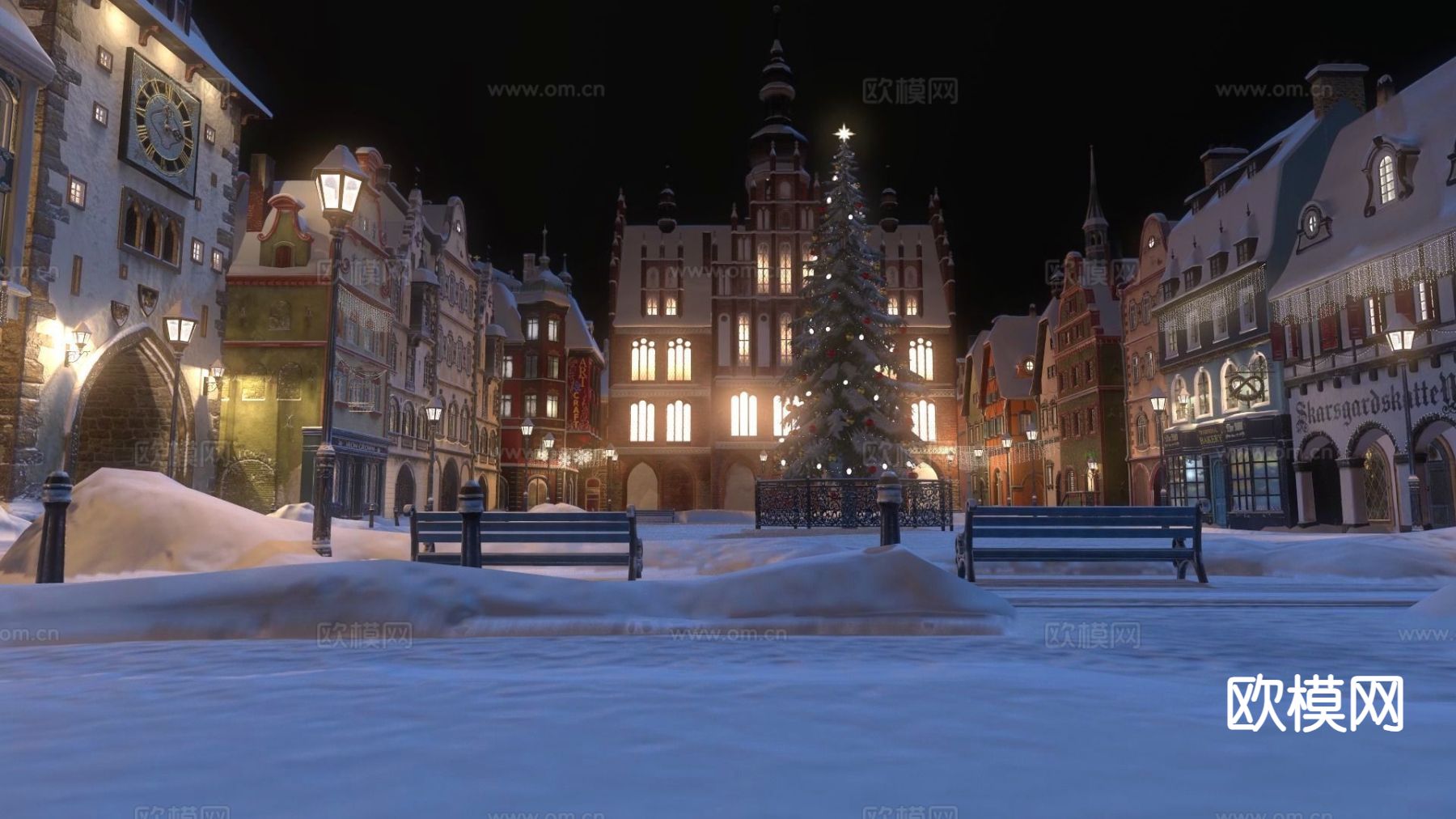 欧式城镇广场 圣诞雪景3d模型下载（渲染图1）