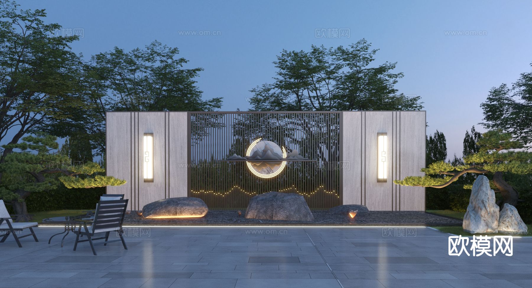 新中式庭院景墙 夜景3d模型下载