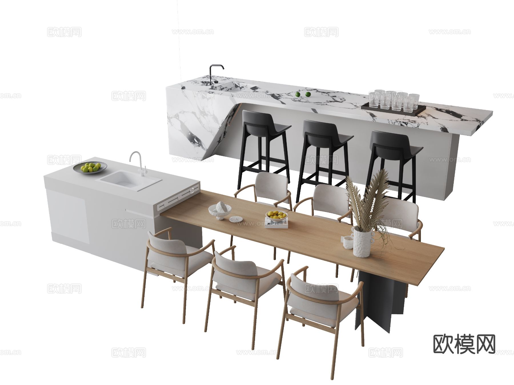 现代中岛台 水吧台 餐桌椅3d模型下载
