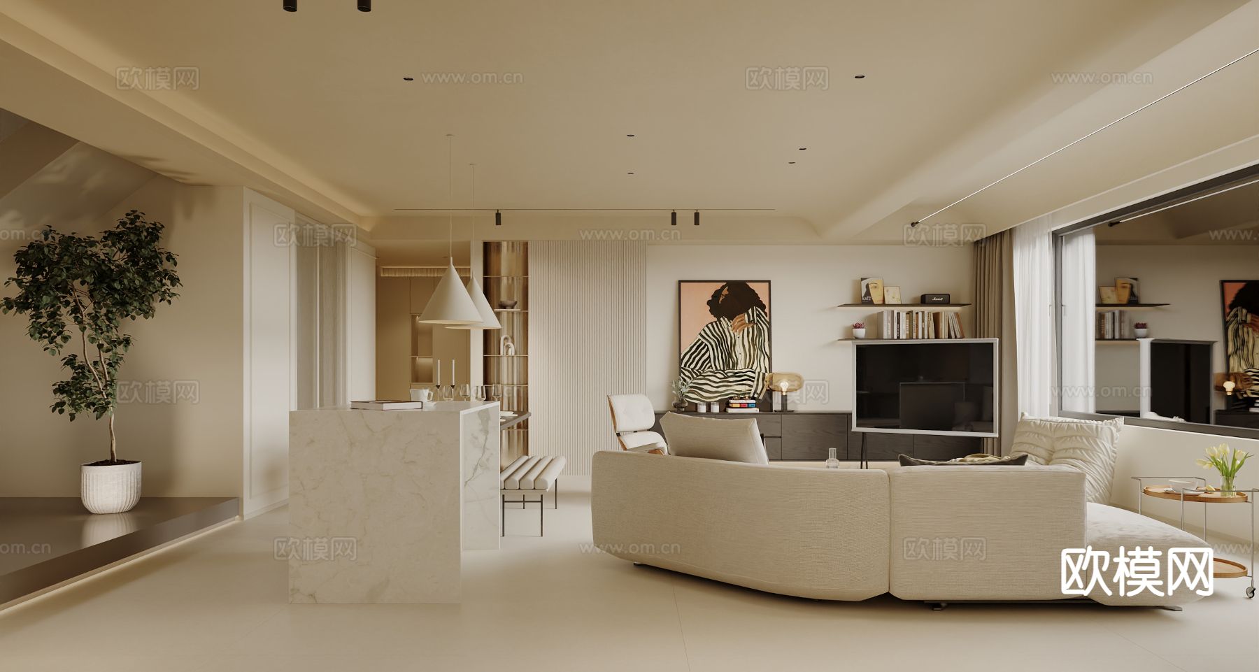 奶油风客餐厅3d模型下载（渲染图2）