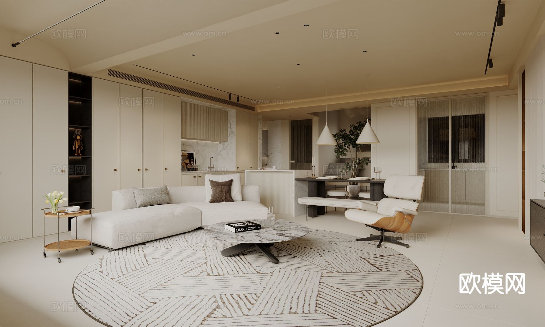 奶油风客餐厅3d模型下载（渲染图1）