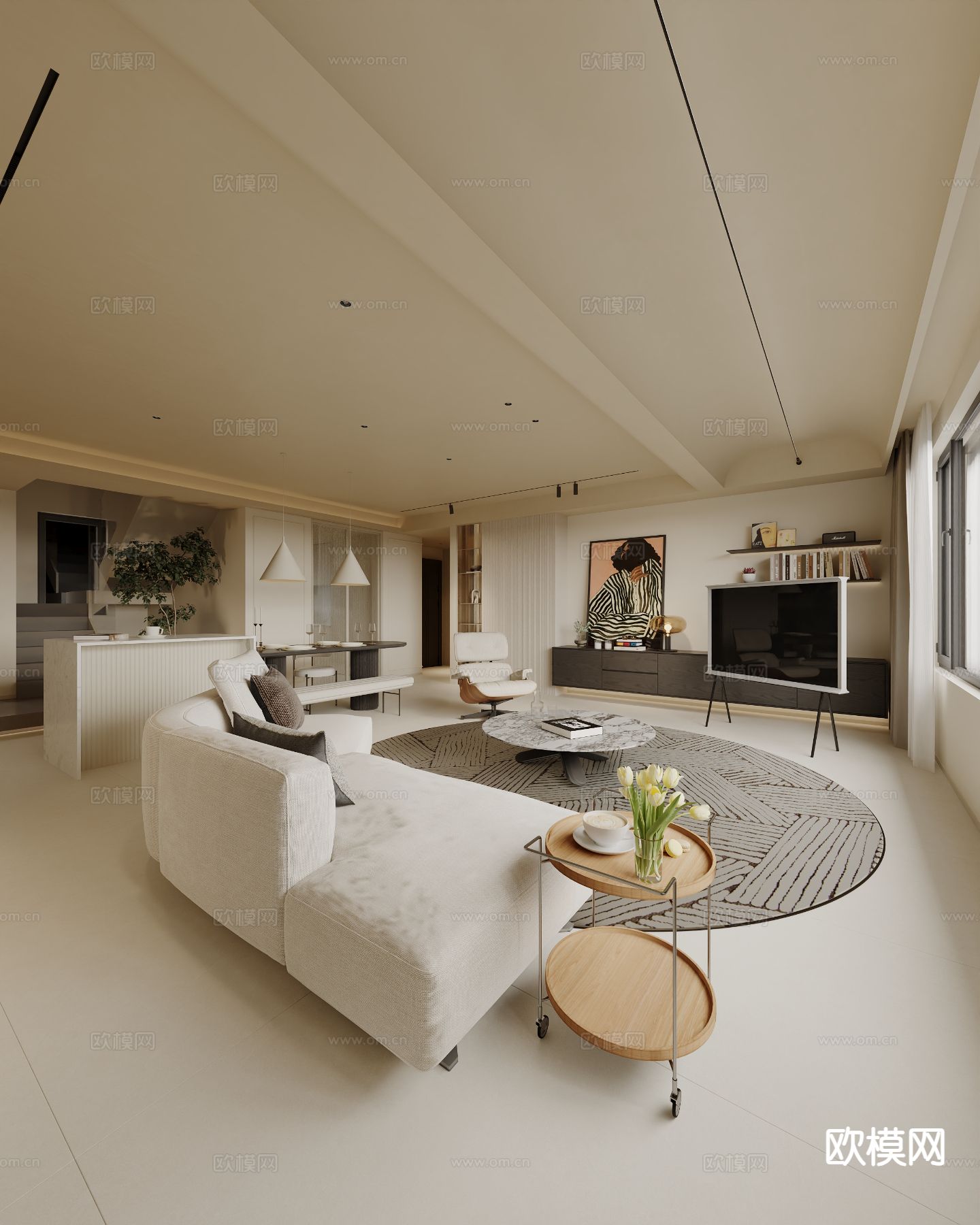 奶油风客餐厅3d模型下载（渲染图3）