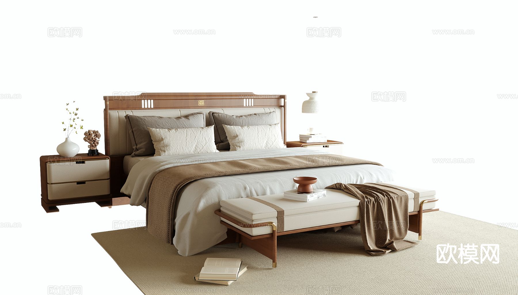 中古风双人床3d模型下载