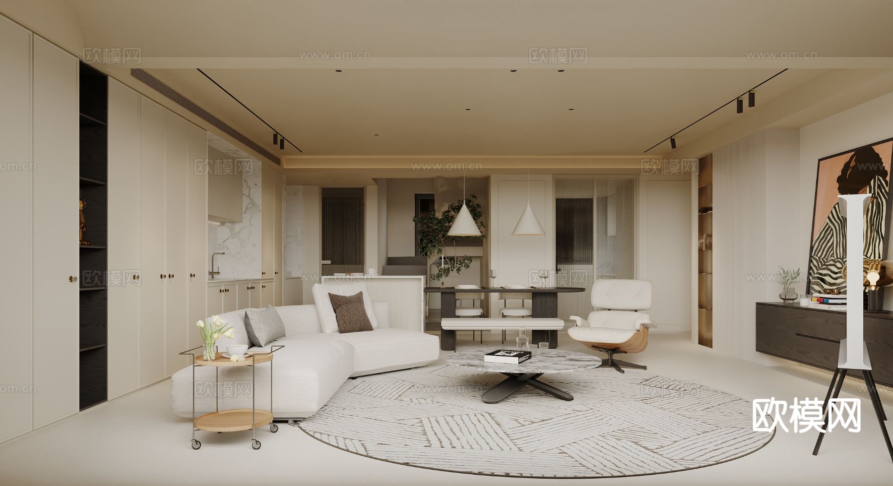 奶油风客餐厅3d模型下载（渲染图4）