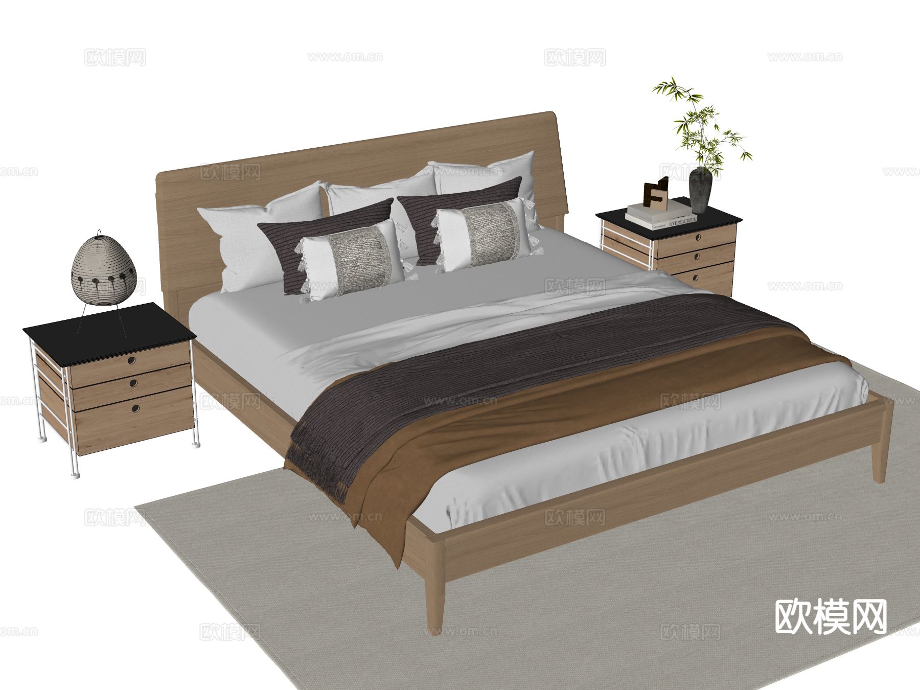 原木风双人床su模型