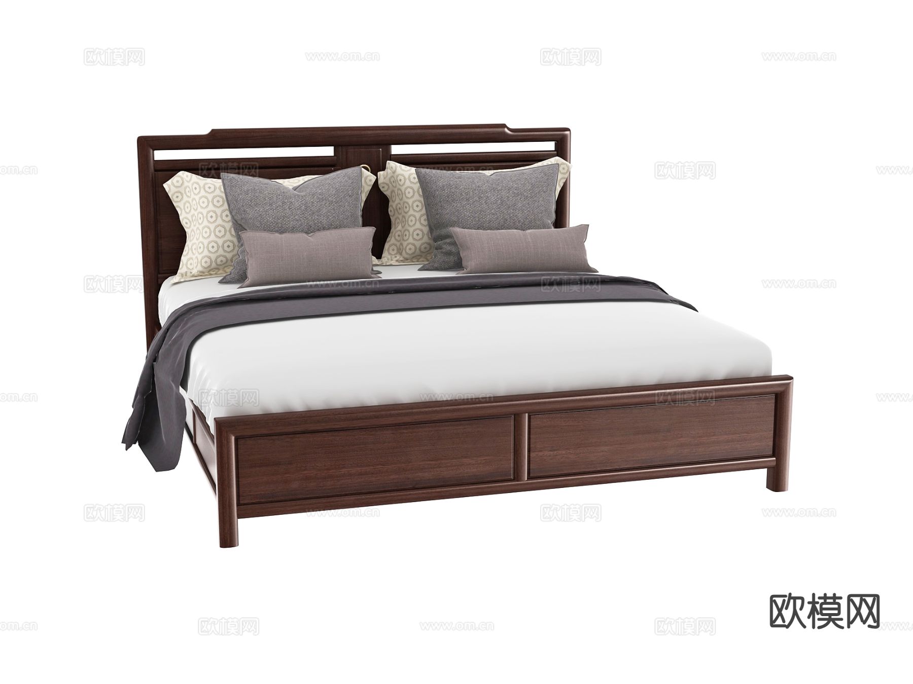 新中式双人床 胡桃木床3d模型下载