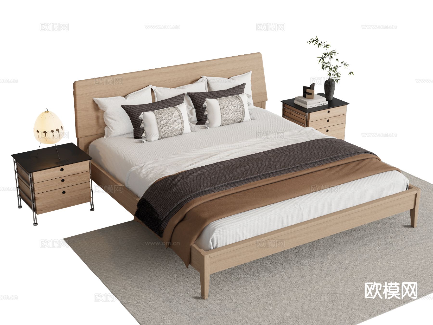 原木风双人床su模型