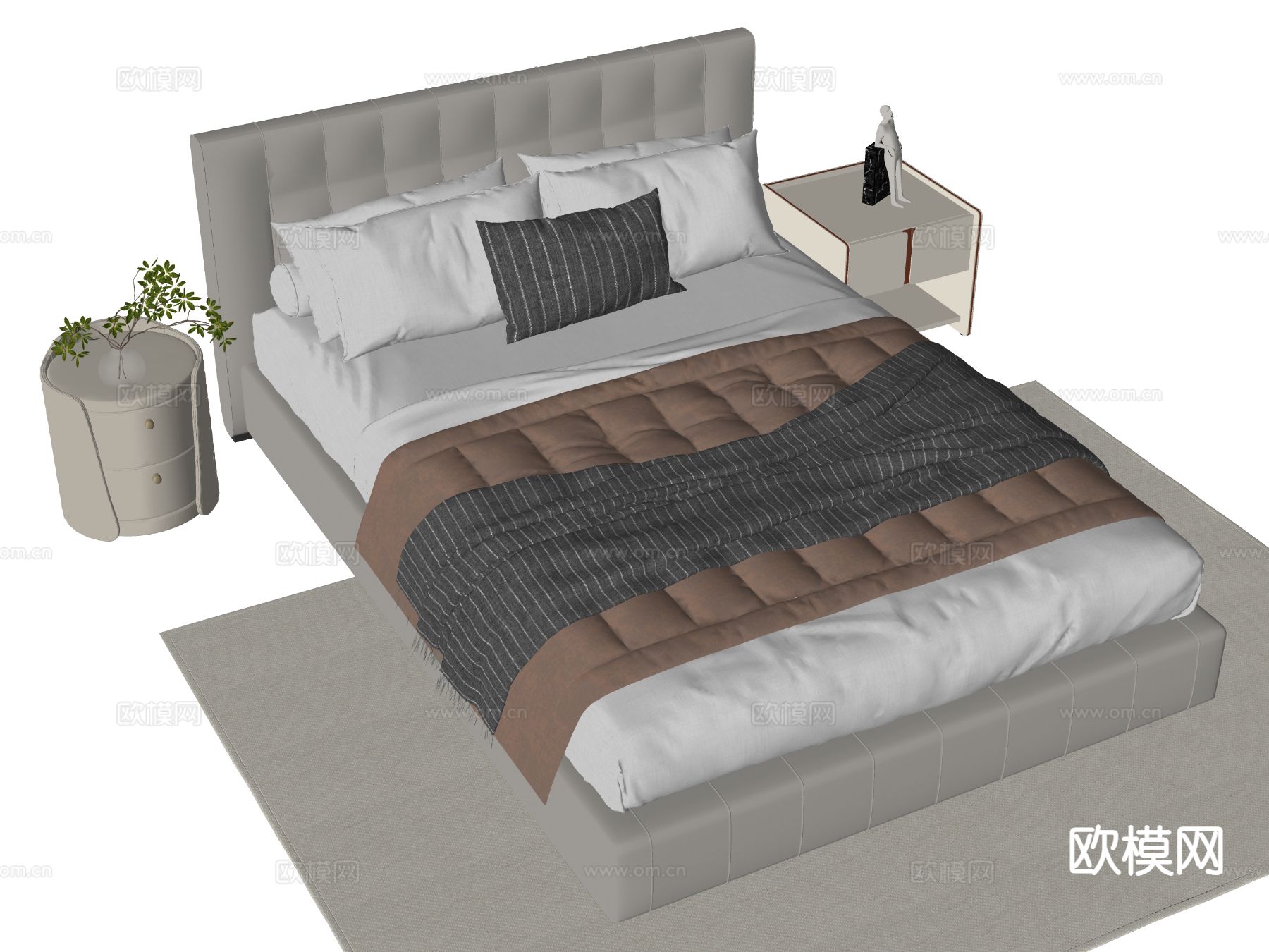 现代单人床 床头柜su模型下载（渲染图1）